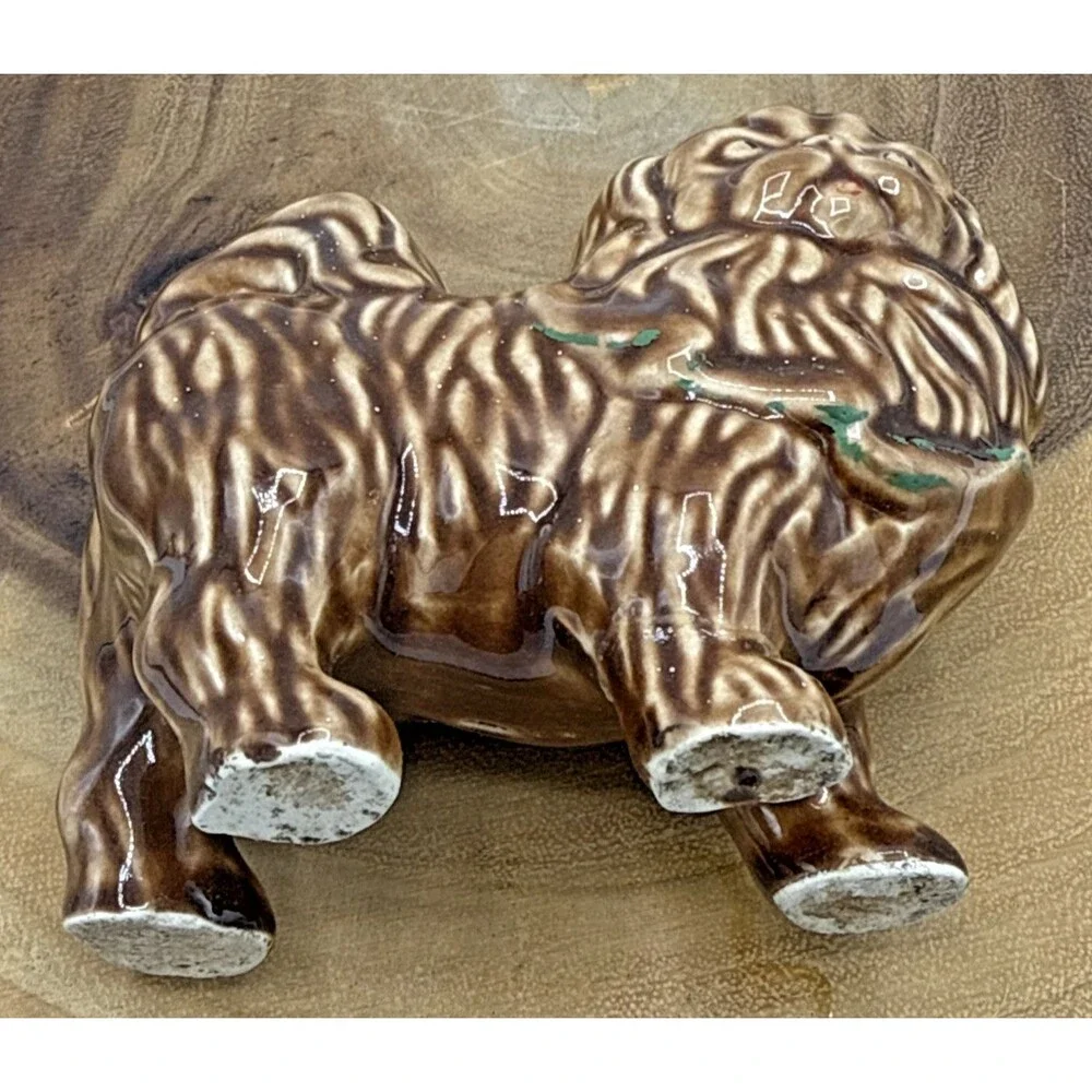 Vintage Porcelain Pekingese Figurine Pekingese Brown Dog W/Green Bow 3.5